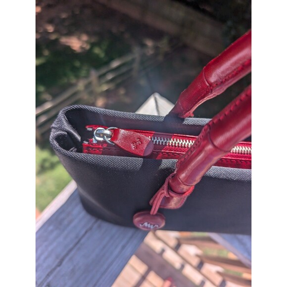 Monsac Designer Handbag Evening Red Leather Bamboo Strap Black Nylon Vintage - Picture 3 of 8